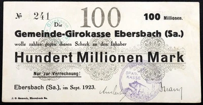 EBERSBACH 1923 100 Million Mark Inflation Notgeld Banknote Germany - Image 1 of 2