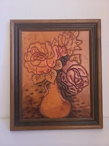 Fiori e vaso vintage in pelle arte da parete lavorati a mano venduti da Spiegel da collezione - Foto 1 di 11