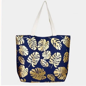 Large Navy Blue With Gold Metallic Tropical Leaf Print Tote Beach Shopping Bag - Picture 1 of 2