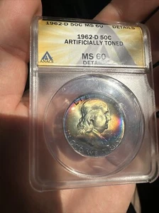 1962D Franklin Half Dollar Silver 50C Gem UNC ANACS MS60 Rainbow Touning - Picture 1 of 8