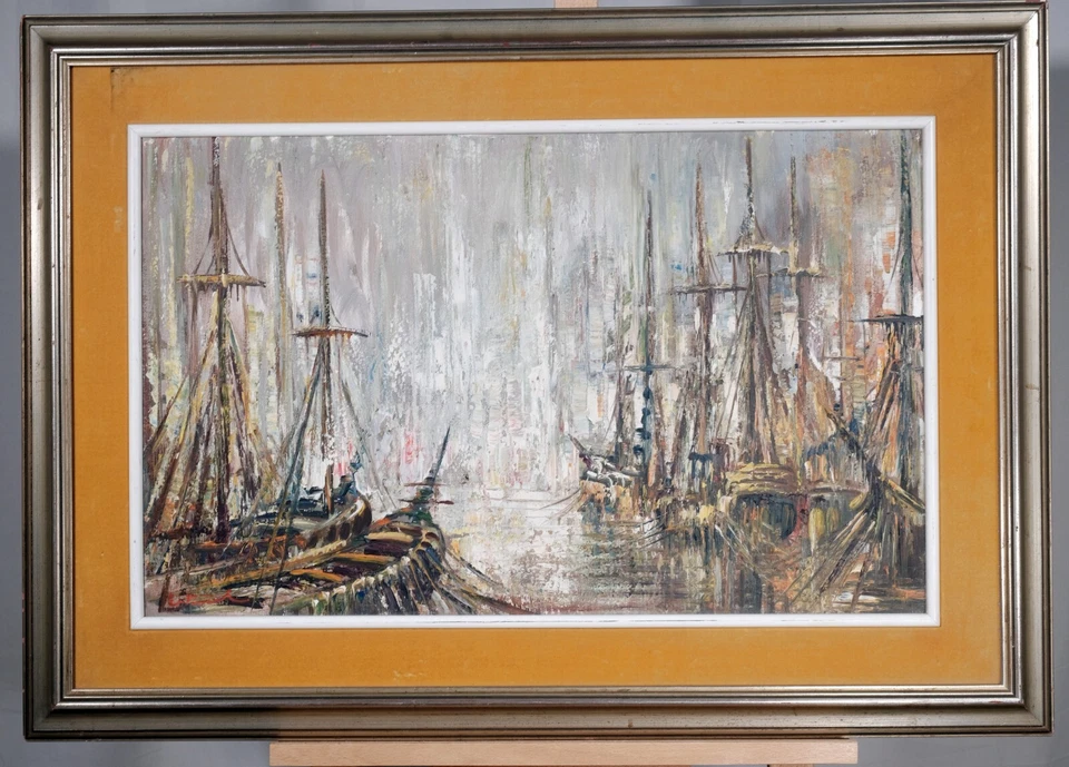 Pintura al óleo original moderna de mediados de siglo puerto velero estilo buffet Bernard Foto 1 de 4