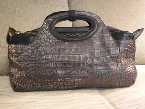 PM3 VTG 90s Y2K Cynthia Rowley Brown Black Croc Embossed Leather Tote Bag Purse - Picture 1 of 14