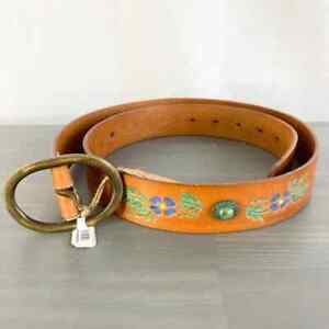 Johnny Was Sz S/M Miele Hand Painted Floral Jade Brown Leather Belt ~ $248