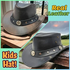 100% Real Leather Kids Cowboy Hat Western Style Concho Chinstrap Black Brown UK - Picture 1 of 9