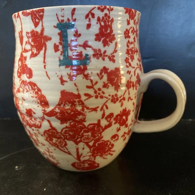 Taza Anthropologie Taza Monograma Letra L Rojo Cultivado Inicial Floral Pájaro Foto 1 de 4