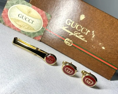 Auth Beautiful Gucci Tie Clip cufflinks Interlocking G bar Gold & Red - Image 1 of 4