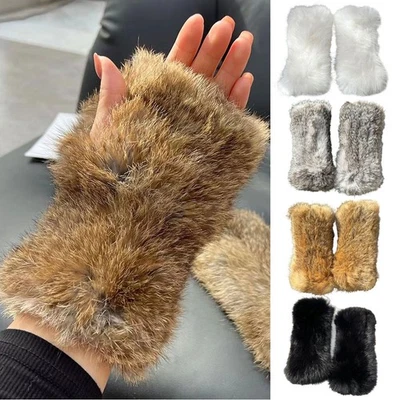 Real Rex Rabbit Fur Women's Gloves Mittens Girl Fingerless Wrist Warmer Elastic - Image 1 of 4