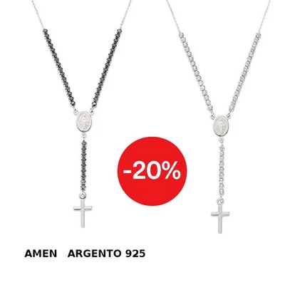 Collana Rosario Y Donna Argento 925 Amen Tennis Zirconi Bianchi e Neri con Croce - Immagine 1 di 2