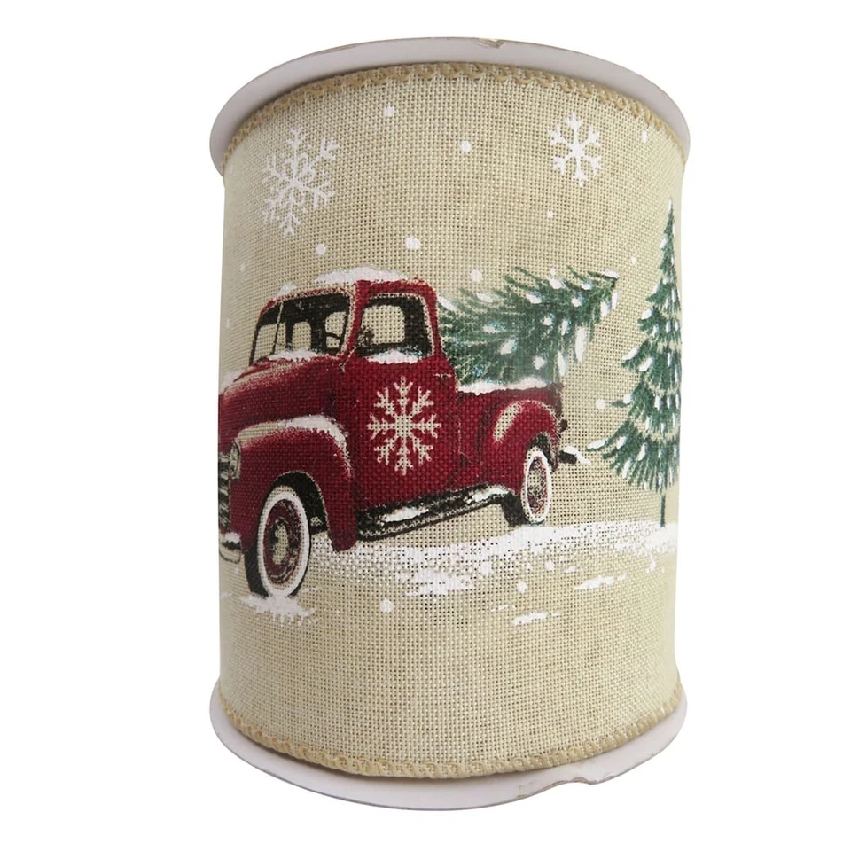 Camioneta pickup Homespun Holiday 4" roja con cinta de árbol, 5 yardas Navidad en casa Foto 1 de 1