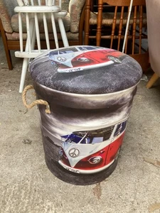 VW Camper Pattern Round Storage Stool Laundry Bin Basket with Rope Handles - Picture 1 of 5