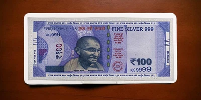 92.5 Sterling Silver Rs 100 Currency Note Old Indian 6.5x2.5in Shagun Gift Pack - Image 1 of 4