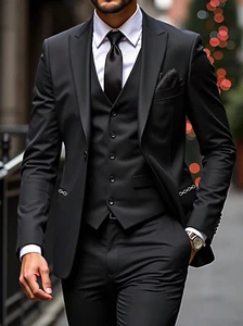 Trajes Para Hombre de Vestir Negro Chaqueta Saco Pantalón Largo Chaleco Formal - Bild 1 von 9
