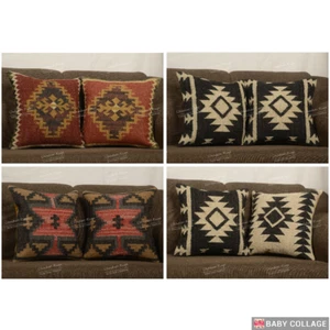Indian Handwoven Wool Jute Kilim Pillow 2 Set of 18"x18" Colorful Sofa Décor Set - Picture 1 of 25