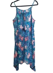 Old Navy Sun Dress Blue Coral Floral Print Chiffon Hi-Lo Midi Sheer Size S - Picture 1 of 4