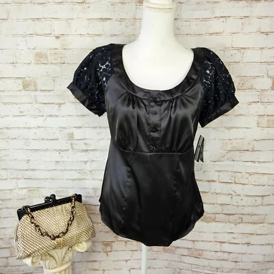 NWT AB Studio Sz M Black Satin Lace Short Sleeve Empire Waist Top Blouse Stretch - Image 1 of 4