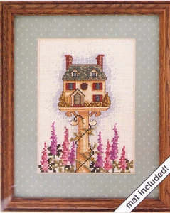 Cross Stitch KIT Birdhouse Delphinium Garden Birds DMC Floss Sealed Vintage - Picture 1 of 5