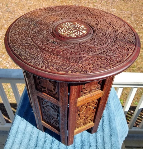 Amazing Antique Inlaid Beautifully Hand Carved Octagonal Indian Side Table Cover