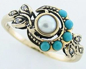 Anillo de diamantes vintage perla de oro liso de 9 quilates, turquesa, victoriano, personalizado R25 - Imagen 1 de 1