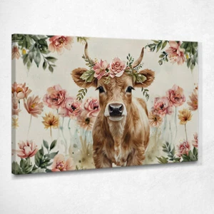 Tableau Déco Pour Chambre D'Enfant, Vache Veau Avec Guirlande De Fleurs Roses , - Imagen 1 de 7