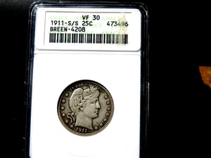 Rare Breen 4208 1911 S/S Barber Silver Quarter ANACS VF30 K1 - Picture 1 of 4