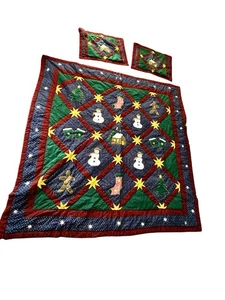 Vintage 90er Weihnachten Patchwork Quilt Sham 3er Set Hütte Schneemann Strumpf Calico Plaid - Bild 1 von 8