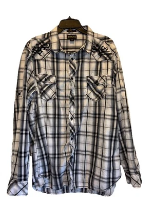 Helix Mens XXL Button Up Shirt Athletic Fit Long Sleeve Tribal Embroidery Plaid - Image 1 of 4