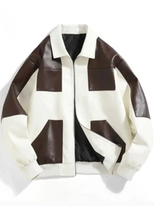 Men's Casual PU Leather Jacket - Color Block Design with White & Brown Panels, - Picture 1 of 5