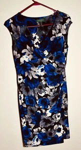 Lauren Ralph Lauren Dress Women's 8P Blue Floral Faux Ruched Wrap Career - Picture 1 of 11