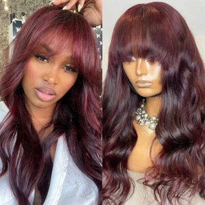 99J Human Hair Wigs Brazilian Remy Scalp Top Full Machine Made Wigs With Bangs - Picture 1 of 12