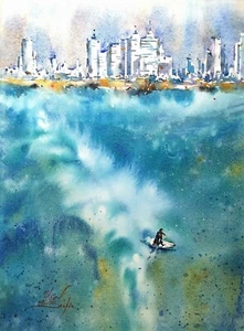 ORIGINAL watercolor painting TEL AVIV seascape Surfing painting 15"x11" - Picture 1 of 3