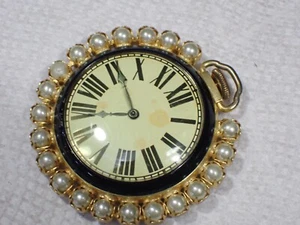 1951 Ingraham Dollar Wind Black Enamel Ladies Pocket Watch runs Faux Pearls - Picture 1 of 7
