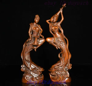 10" Chinese Buddhism Boxwood Wood Carved Apsaras Belle Goddess God Statue Pair - Picture 1 of 9