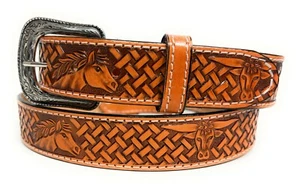 KIDS BABY TODDLER GENUINE LEATHER WESTERN BELT, HORSE BULL DECORATED RODEO BELT - Picture 1 of 11