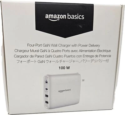 Amazon Basics 100W Four-Port GaN Wall Charger 2 USB-C (100W, 18W)  2 USB-A WHITE - Image 1 of 4