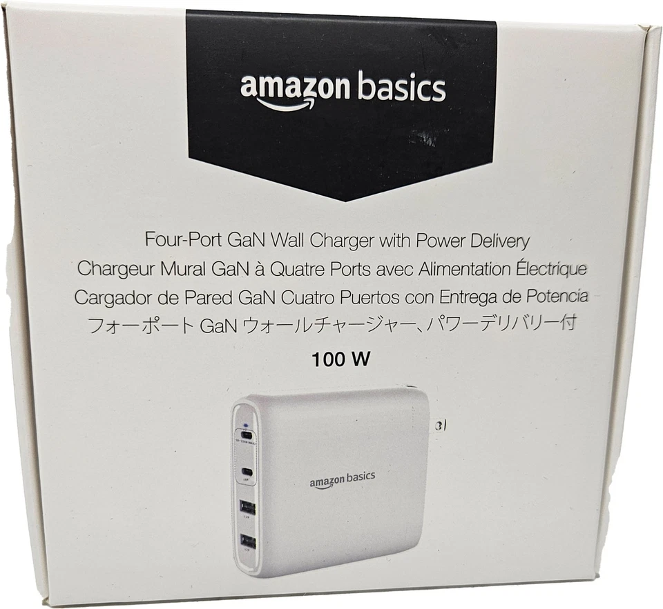 Amazon Basics 100W Four-Port GaN Wall Charger 2 USB-C (100W, 18W)  2 USB-A WHITE - Image 1 of 4