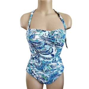 Ralph Lauren Womens One Piece Swimsuit Blue Paisley Tie Halter Swimwear 4 New - Picture 1 of 5