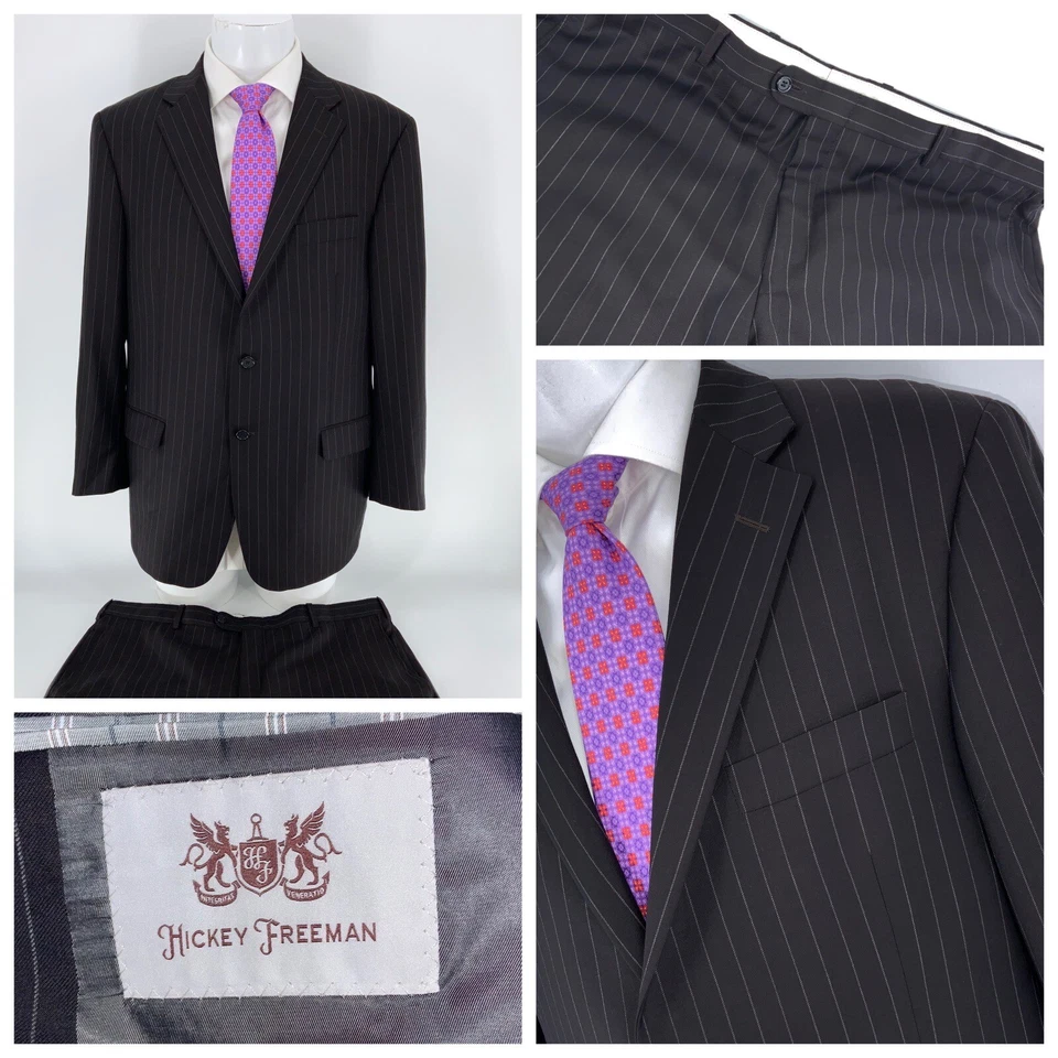 Hickey Freeman Milburn Suit Men 40R Black Pinstripe 2B 2V 38x30 Flat YGI V3-1 - Image 1 of 4