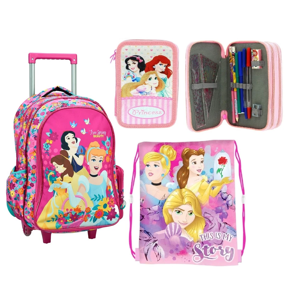 Principesse Set Zaino Trolley Grande Astuccio 3zip Scuola Elementare Bambina - Immagine 1 di 4