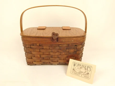 Workshops of Gerald E. Henn Maple Wood & Leather Basket Purse Lid Handle Cover