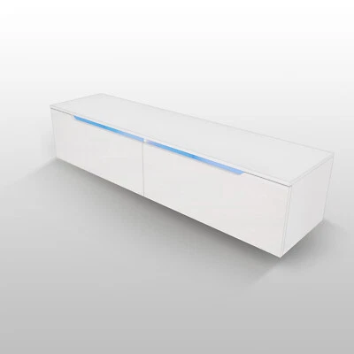 TV Schrank Lowboard mit LED Hochglanz Hängend Sideboard Spanplatte 140 Weiß Wand - Bild 1 von 4