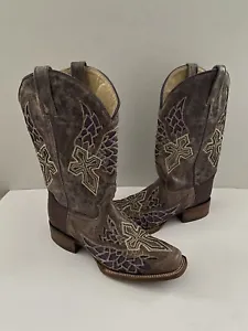 Corral Vintage Womens Size 9M Brown Wing and Cross Purple Inlay Cowboy Boots - Picture 1 of 14