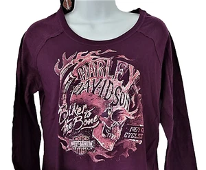 HARLEY DAVIDSON LS Shirt Purple Silver Foil Raglan Skull Flame Chest36 Womens M - Picture 1 of 12