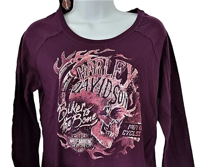 HARLEY DAVIDSON LS Shirt Purple Silver Foil Raglan Skull Flame Chest36 Womens M - Image 1 of 4