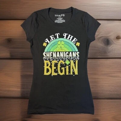 St Patricks Day Top Womens S 3/5 Black Baby Tee “Let the Shenanigans Begin” - Image 1 of 4