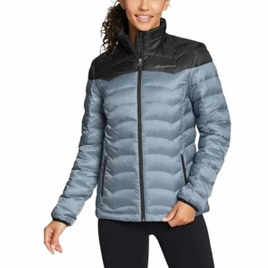 Eddie Bauer Womens Down Puffer Jacket Small Quilted Blue Black Colorblock Winter - Picture 1 of 3