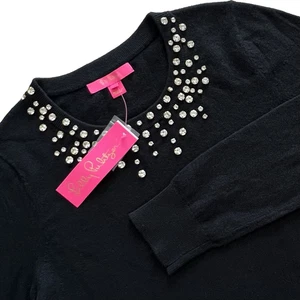 Lilly Pulitzer Black Odetta Sweater Rhinestone Cashmere Wool Women's L $148 3672 - Picture 1 of 17