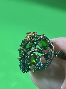 Vintage unique Beautiful 925 Silver Bee Branch Hive Green Stone Cluster Ring - Picture 1 of 21