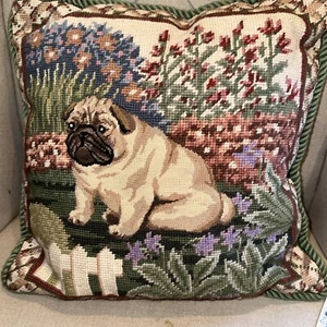 PETIT POINT Wool Needlepoint Pug Dog Pillow Garden Flowers White picket Fence - Picture 1 of 11