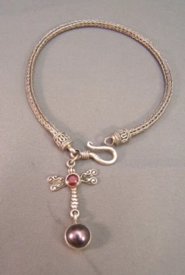 Woven Silver Sterling Bracelet 925 Dragonfly Charm Pearl Dangle - Image 1 of 4