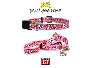 Yellow Dog Design Collar or Leash Pink Tattoo Luv My Dog Flame XS S M L Made USA